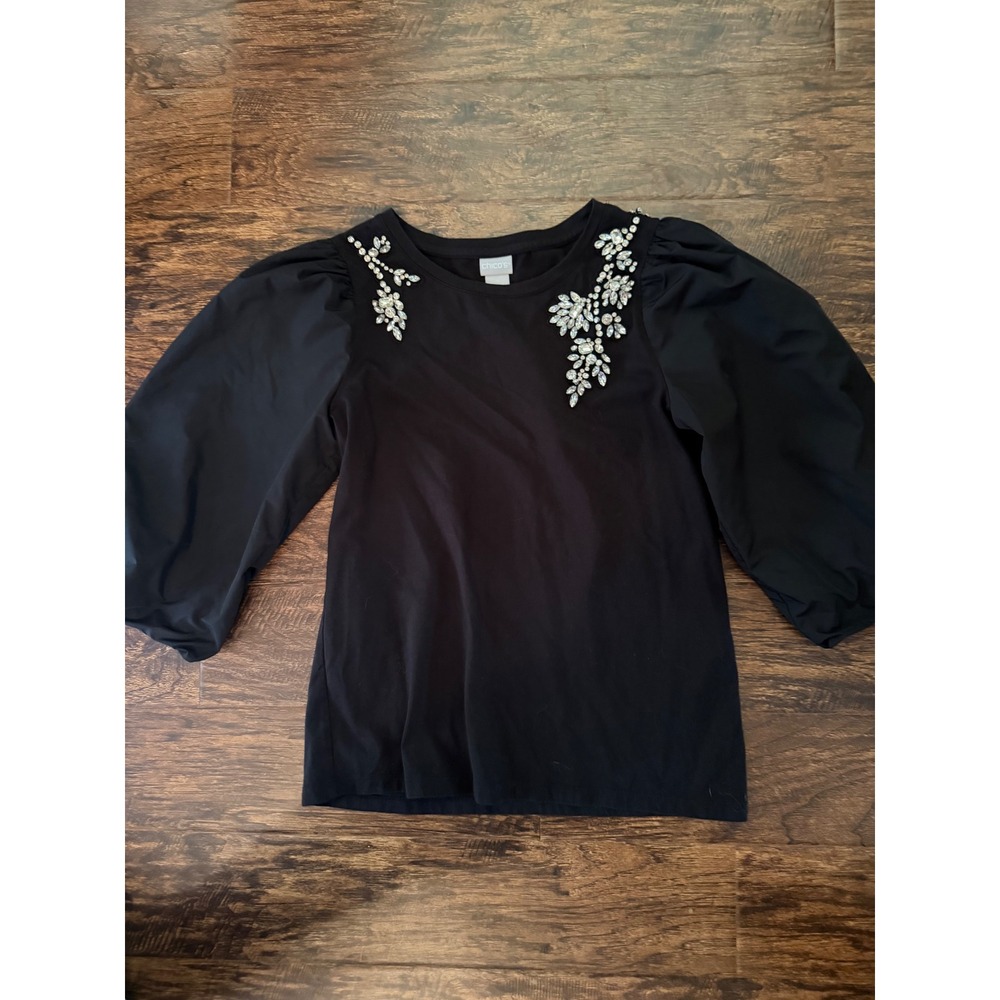 Chicos Black Rhinestone Embellished Puff Sleeve Knit Top Size 0 Small